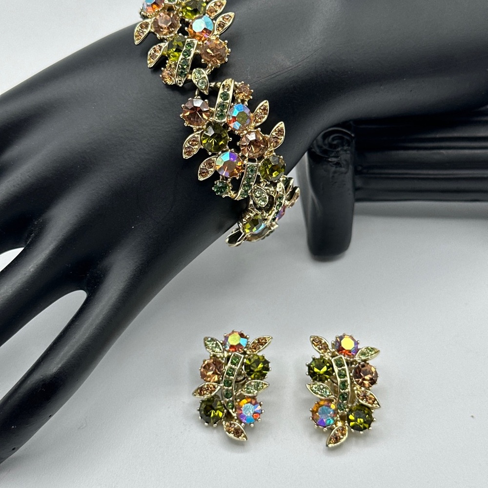 Vintage Estate Rhinestones Colorful Pat Pend  Set Earrings And Bracelet #458‎